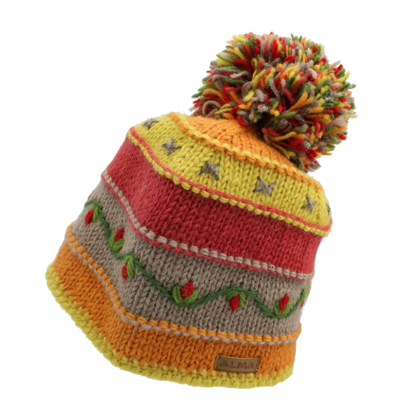 Striped Embroidered Hat w. Pompom